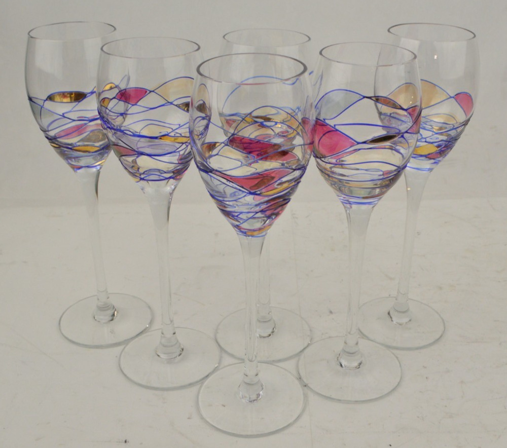 Set of 6 Mosaic Art Glass Wine Glasses 8" Stems Multicolor Stained Glass